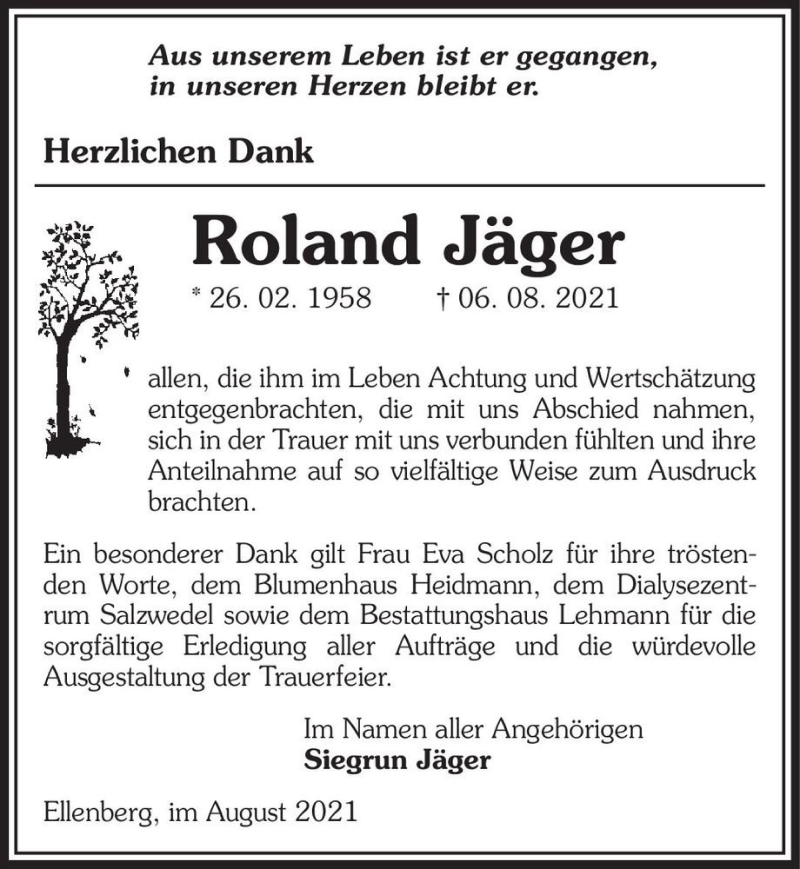  Traueranzeige für Roland Jäger  vom 04.09.2021 aus Magdeburger Volksstimme