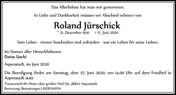 Traueranzeige von Roland Jürschick  von Magdeburger Volksstimme