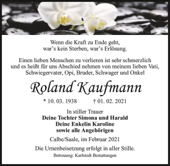 Traueranzeige von Roland Kaufmann  von Magdeburger Volksstimme