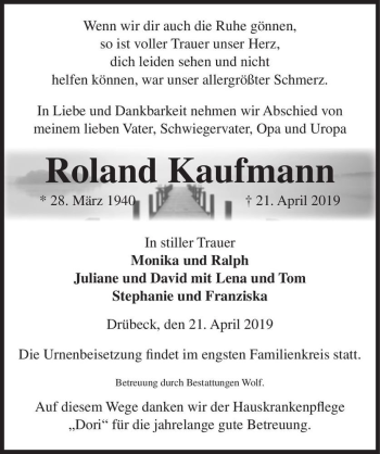 Traueranzeige von Roland Kaufmann  von Magdeburger Volksstimme