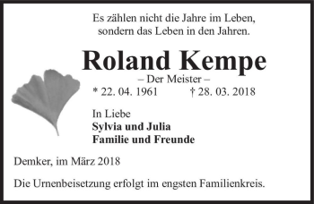 Traueranzeige von Roland Kempe  von Magdeburger Volksstimme