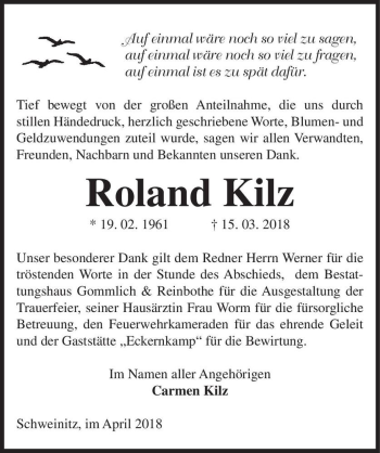 Traueranzeige von Roland Kilz  von Magdeburger Volksstimme