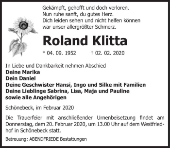 Traueranzeige von Roland Klitta  von Magdeburger Volksstimme