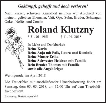 Traueranzeige von Roland Klutzny  von Magdeburger Volksstimme