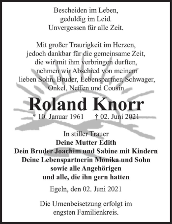 Traueranzeige von Roland Knorr  von Magdeburger Volksstimme
