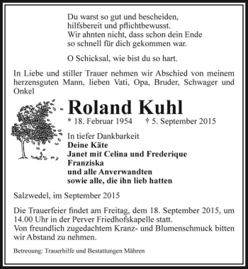 Traueranzeige von Roland Kuhl  von Magdeburger Volksstimme