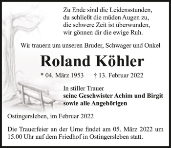 Traueranzeige von Roland Köhler  von Magdeburger Volksstimme