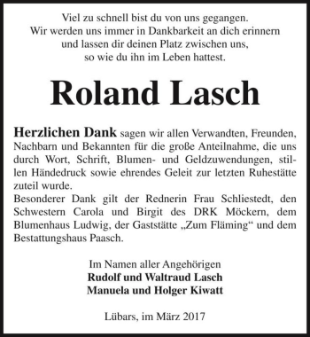 Traueranzeige von Roland Lasch  von Magdeburger Volksstimme