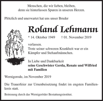 Traueranzeige von Roland Lehmann  von Magdeburger Volksstimme
