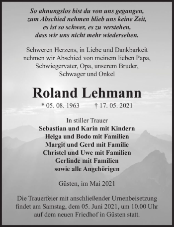 Traueranzeige von Roland Lehmann  von Magdeburger Volksstimme