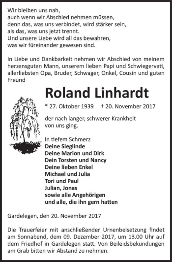 Traueranzeige von Roland Linhardt  von Magdeburger Volksstimme
