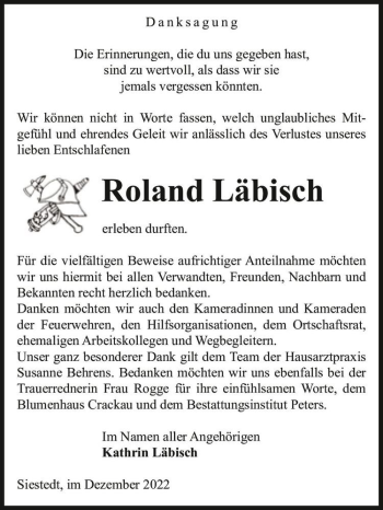 Traueranzeige von Roland Läbisch  von Magdeburger Volksstimme