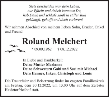 Traueranzeige von Roland Melchert  von Magdeburger Volksstimme