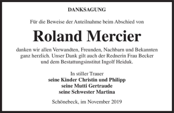 Traueranzeige von Roland Mercier  von Magdeburger Volksstimme