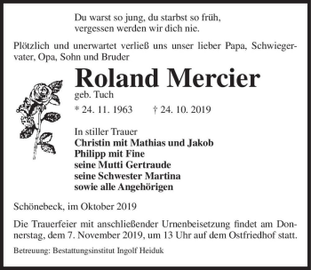 Traueranzeige von Roland Mercier (geb. Tuch)  von Magdeburger Volksstimme