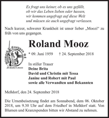 Traueranzeige von Roland Mooz  von Magdeburger Volksstimme