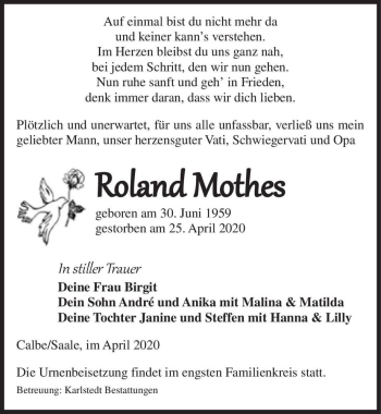 Traueranzeige von Roland Mothes  von Magdeburger Volksstimme