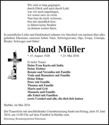 Traueranzeige von Roland Müller  von Magdeburger Volksstimme