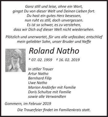 Traueranzeige von Roland Natho  von Magdeburger Volksstimme