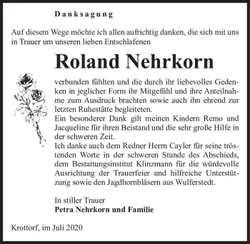 Traueranzeige von Roland Nehrkorn  von Magdeburger Volksstimme