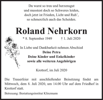 Traueranzeige von Roland Nehrkorn  von Magdeburger Volksstimme