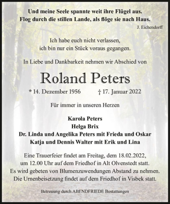 Traueranzeige von Roland Peters  von Magdeburger Volksstimme