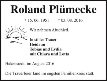 Traueranzeige von Roland Plümecke  von Magdeburger Volksstimme