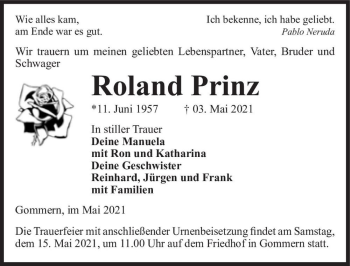Traueranzeige von Roland Prinz  von Magdeburger Volksstimme