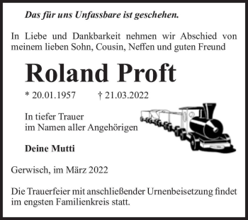 Traueranzeige von Roland Proft  von Magdeburger Volksstimme