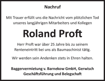 Traueranzeige von Roland Proft  von Magdeburger Volksstimme