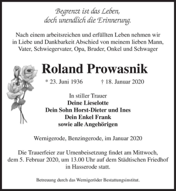 Traueranzeige von Roland Prowasnik  von Magdeburger Volksstimme