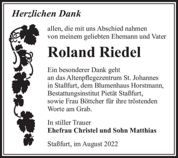 Traueranzeige von Roland Riedel  von Magdeburger Volksstimme