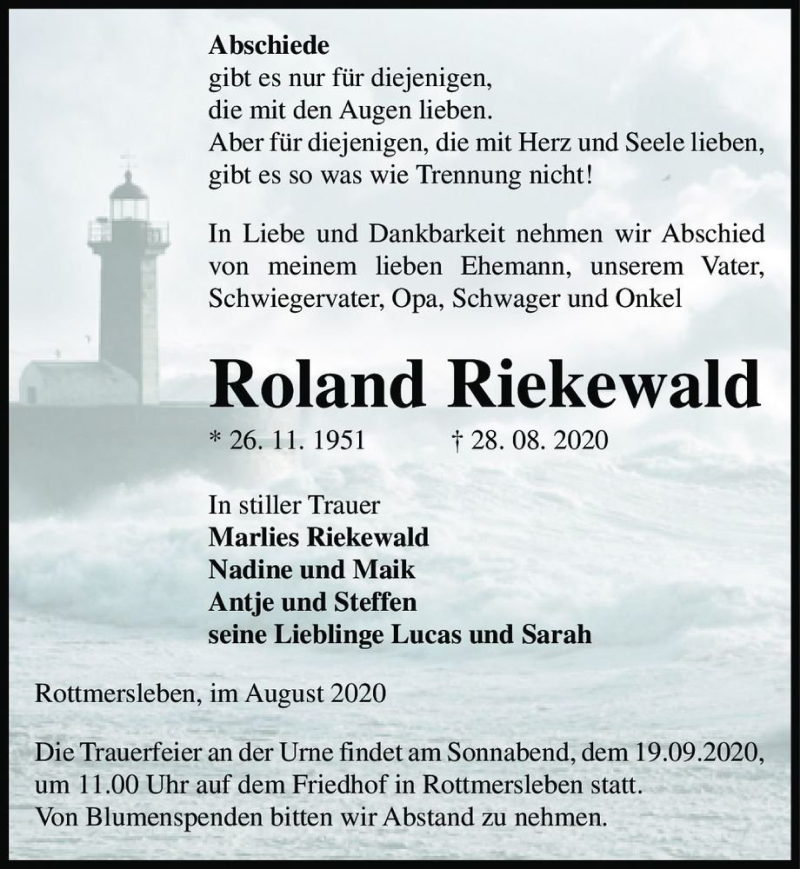  Traueranzeige für Roland Riekewald  vom 05.09.2020 aus Magdeburger Volksstimme