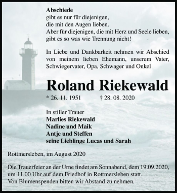 Traueranzeige von Roland Riekewald  von Magdeburger Volksstimme