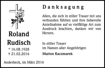 Traueranzeige von Roland Rudisch  von Magdeburger Volksstimme