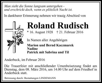 Traueranzeige von Roland Rudisch  von Magdeburger Volksstimme