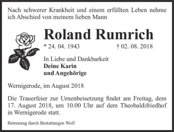 Traueranzeige von Roland Rumrich  von Magdeburger Volksstimme