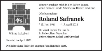 Traueranzeige von Roland Safranek  von Magdeburger Volksstimme