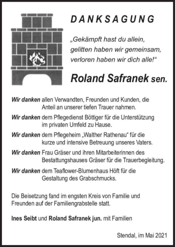 Traueranzeige von Roland Safranek sen.  von Magdeburger Volksstimme