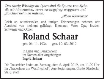 Traueranzeige von Roland Schaar  von Magdeburger Volksstimme