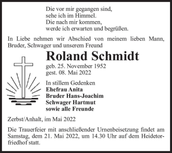 Traueranzeige von Roland Schmidt  von Magdeburger Volksstimme