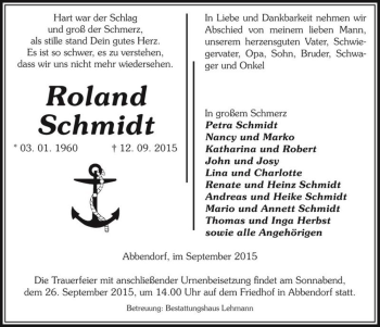 Traueranzeige von Roland Schmidt  von Magdeburger Volksstimme