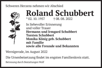 Traueranzeige von Roland Schubbert  von Magdeburger Volksstimme