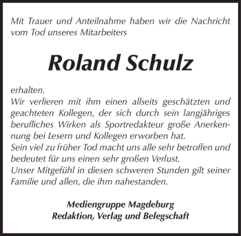 Traueranzeige von Roland Schulz  von Magdeburger Volksstimme