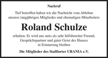 Traueranzeige von Roland Schulze  von Magdeburger Volksstimme