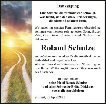 Traueranzeige von Roland Schulze  von Magdeburger Volksstimme