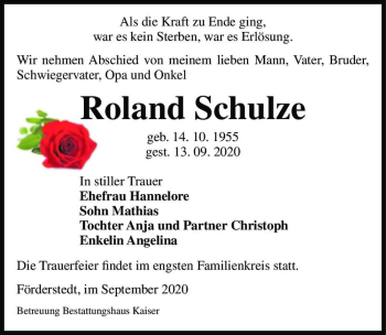 Traueranzeige von Roland Schulze  von Magdeburger Volksstimme