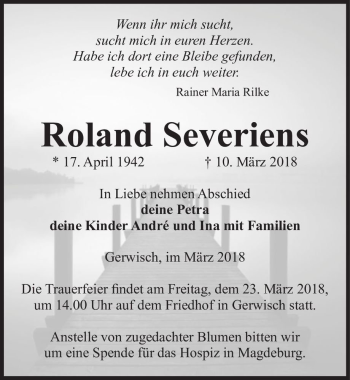 Traueranzeige von Roland Severiens  von Magdeburger Volksstimme