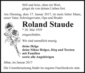 Traueranzeige von Roland Staude  von Magdeburger Volksstimme