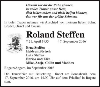 Traueranzeige von Roland Steffen  von Magdeburger Volksstimme
